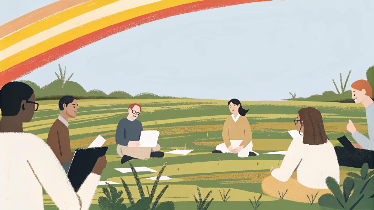 Illustration of six people seated in a circle outdoors with papers and clipboards, beneath rainbow-coloured bands.