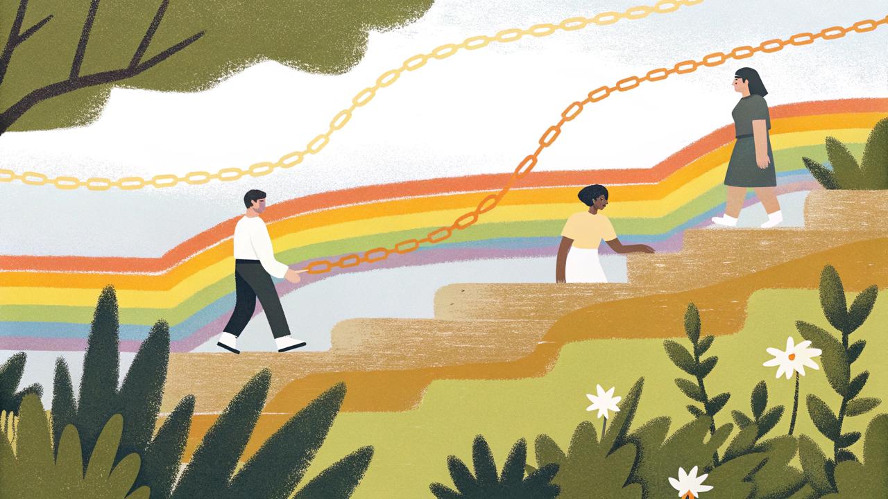 Illustration of three people on rising steps, with rainbow bands, chains, plants and flowers.