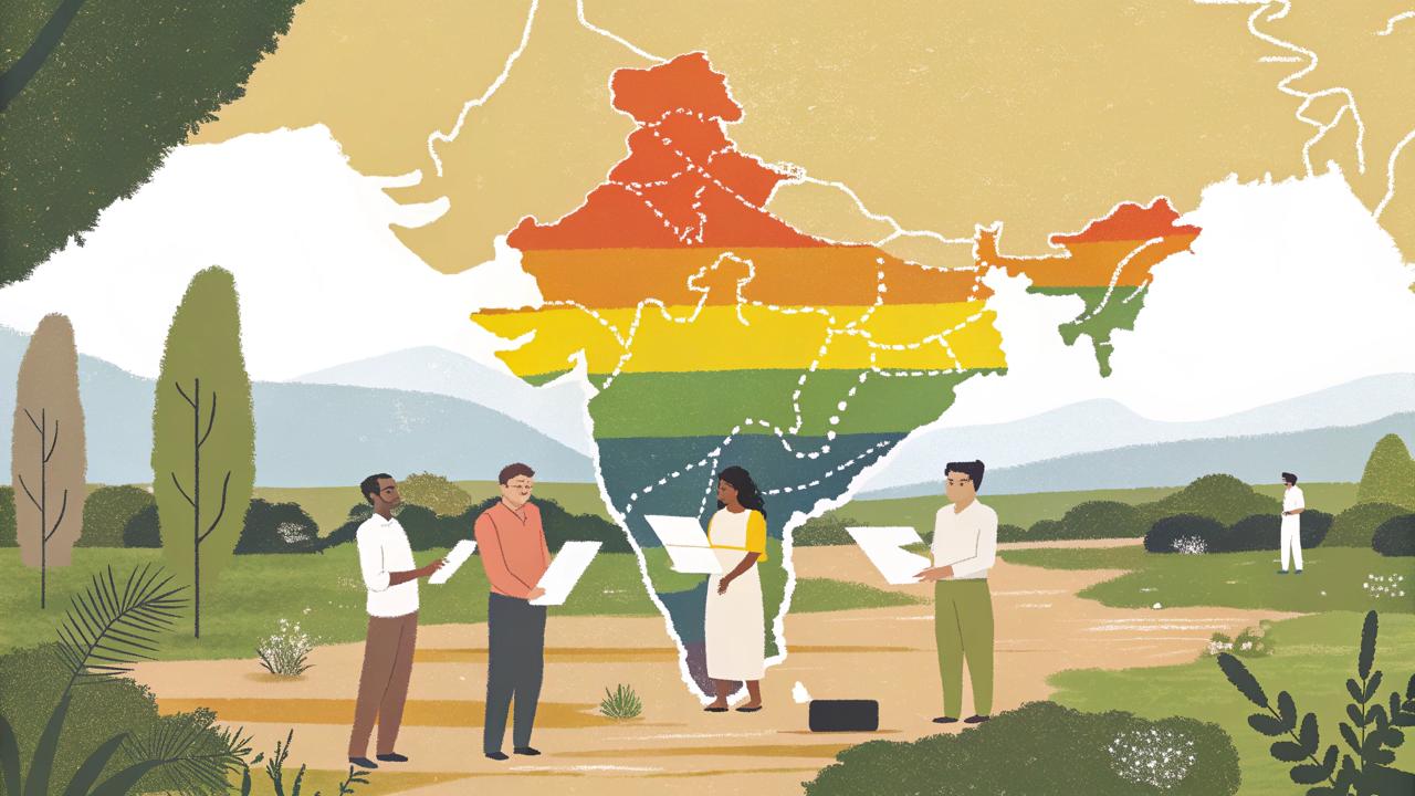 Illustration of four people holding documents beneath a rainbow-coloured map of India, with another person in the background.
