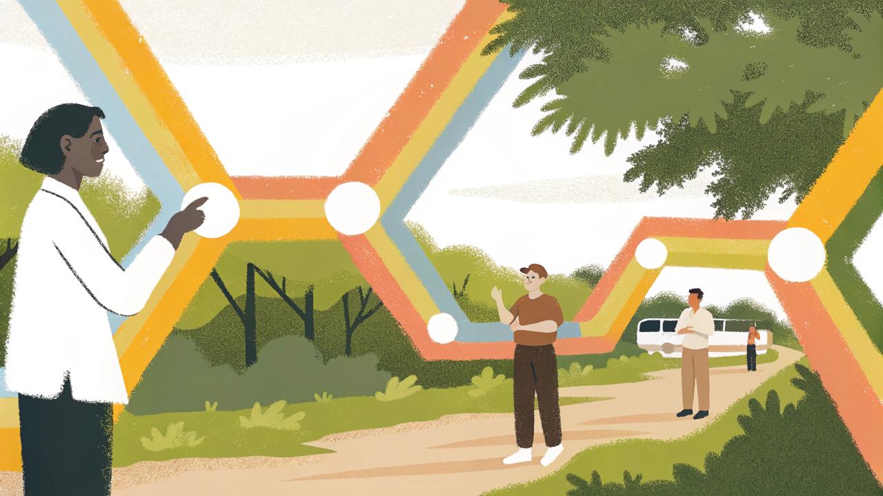 Illustration of people along a tree-lined path with branching coloured lines, circular markers and a bus in the background.